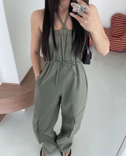 Korean version of personalized two-wear casual lace-up bra-wrapped overalls and wide-leg pants