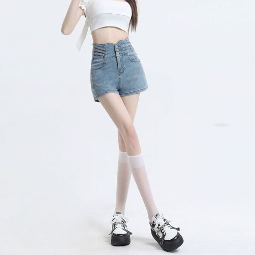 Niche hot girl denim shorts women's cross new style high-waisted A-line belly-control design straight denim hot pants