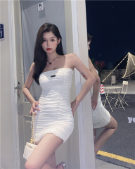 實拍 2024春夏內襯褶皺收腰顯瘦仙女抹胸包臀內搭外穿連衣裙