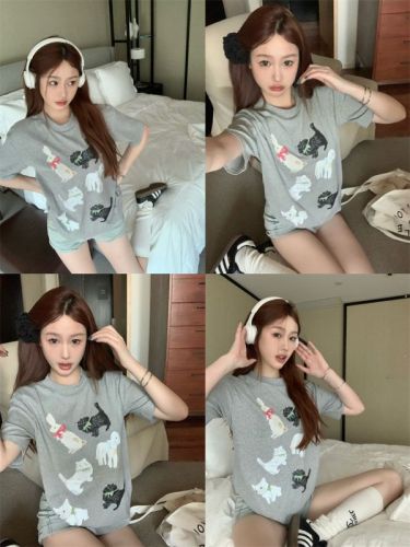 Real shot of lazy style niche cute printed short-sleeved T-shirt for women summer loose casual mid-length top trend