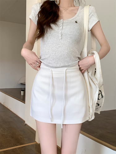 Real shot~White elastic waist bag hip skirt pants for women summer new versatile sports A-line skirt