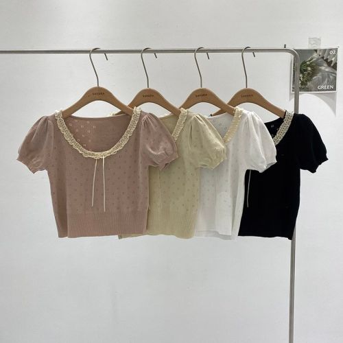 Lace round neck single-breasted puff sleeve short shirt for women 2024 spring and summer Korean style versatile slim-fitting fashionable cardigan trend