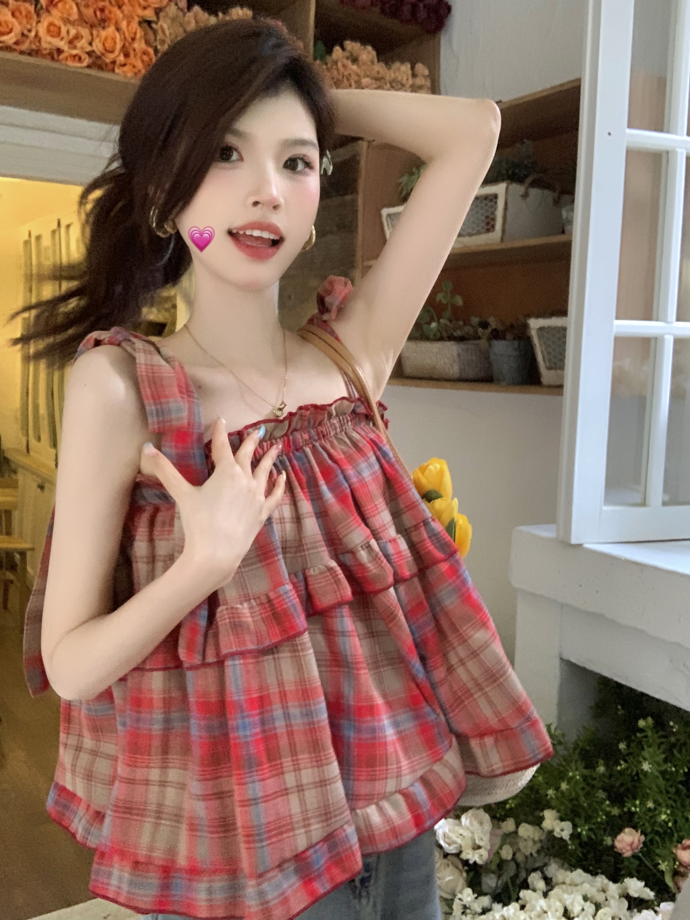 實拍 夏季新款韓版簡約百搭吊帶綁帶格子寬鬆減齡上衣女ins
