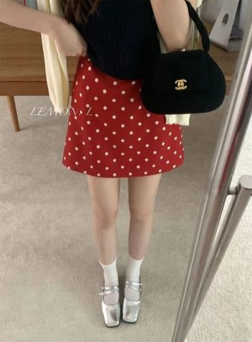 Polka Dot Skirt Women's 24 Korean Style High Waist A-Line Skirt Skirt