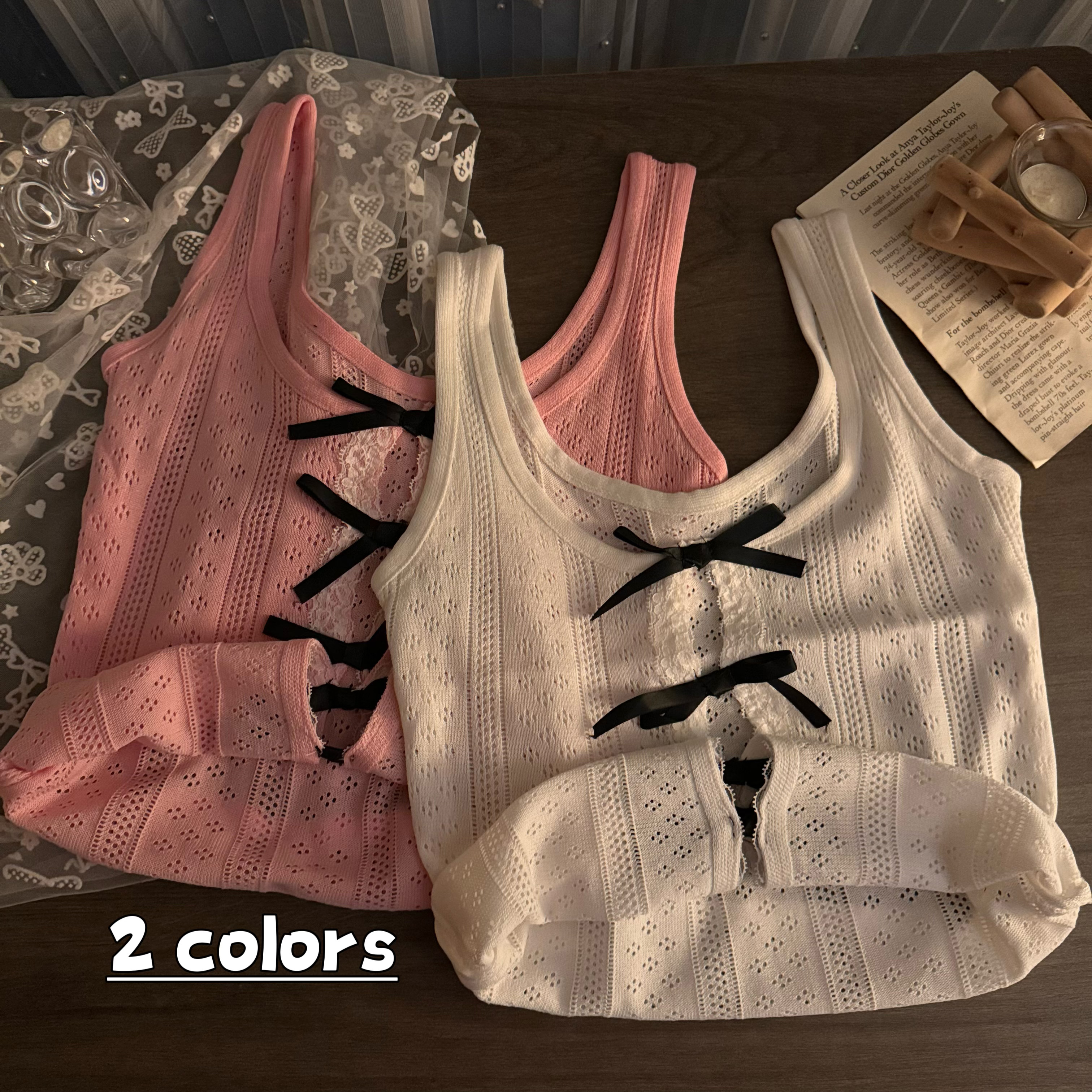實拍夏季新款甜辣妹蝴蝶結無袖背心拼接花邊內搭上衣女