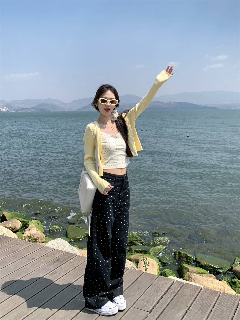 實拍 甜美少女感碎花吊帶夏季蕾絲內搭甜辣開衫+波點長褲