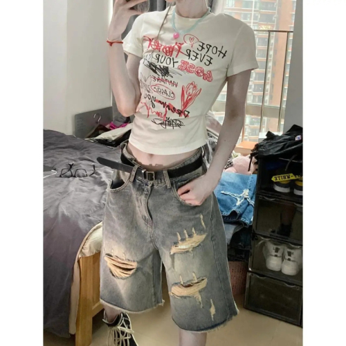 American retro five-quarter pants for women high street vibe style hiphop loose straight pants beggar personalized ripped shorts