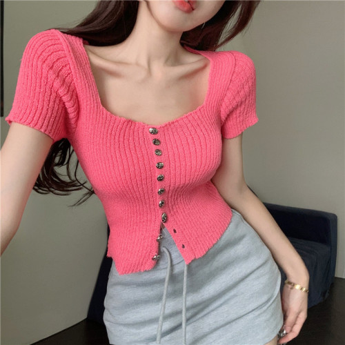 Purely Sweet Hot Girl Design Niche Short Top Summer Sexy Collarbone Chic Square Neck Women's Sweater Knitted Cardigan