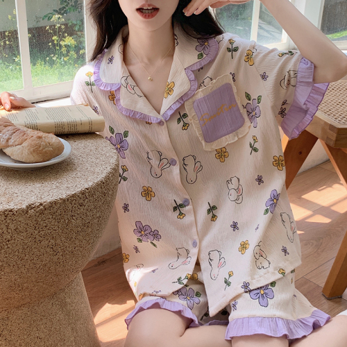 尚优衣品实拍棉绉布睡衣夏季韩版短袖翻领开衫卡通家居服套装