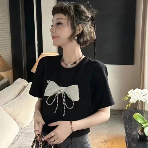 2024 summer new short-sleeved T-shirt for women, Korean style nail diamond butterfly beaded casual versatile design T-shirt top