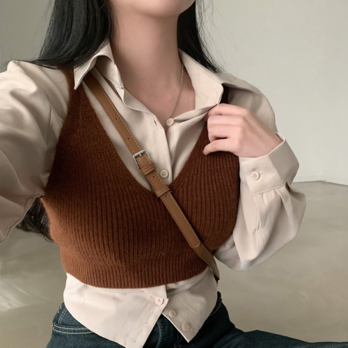 Korean chic layered vest thick knitted sweater vest short knitted suspender top for women