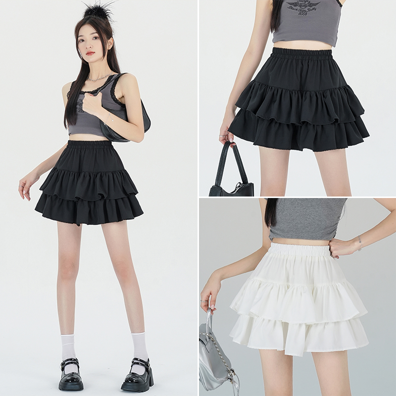 Actual shot of 2024 new summer style slim and versatile Korean style sweet a-line umbrella skirt ruffled fluffy cake skirt for women