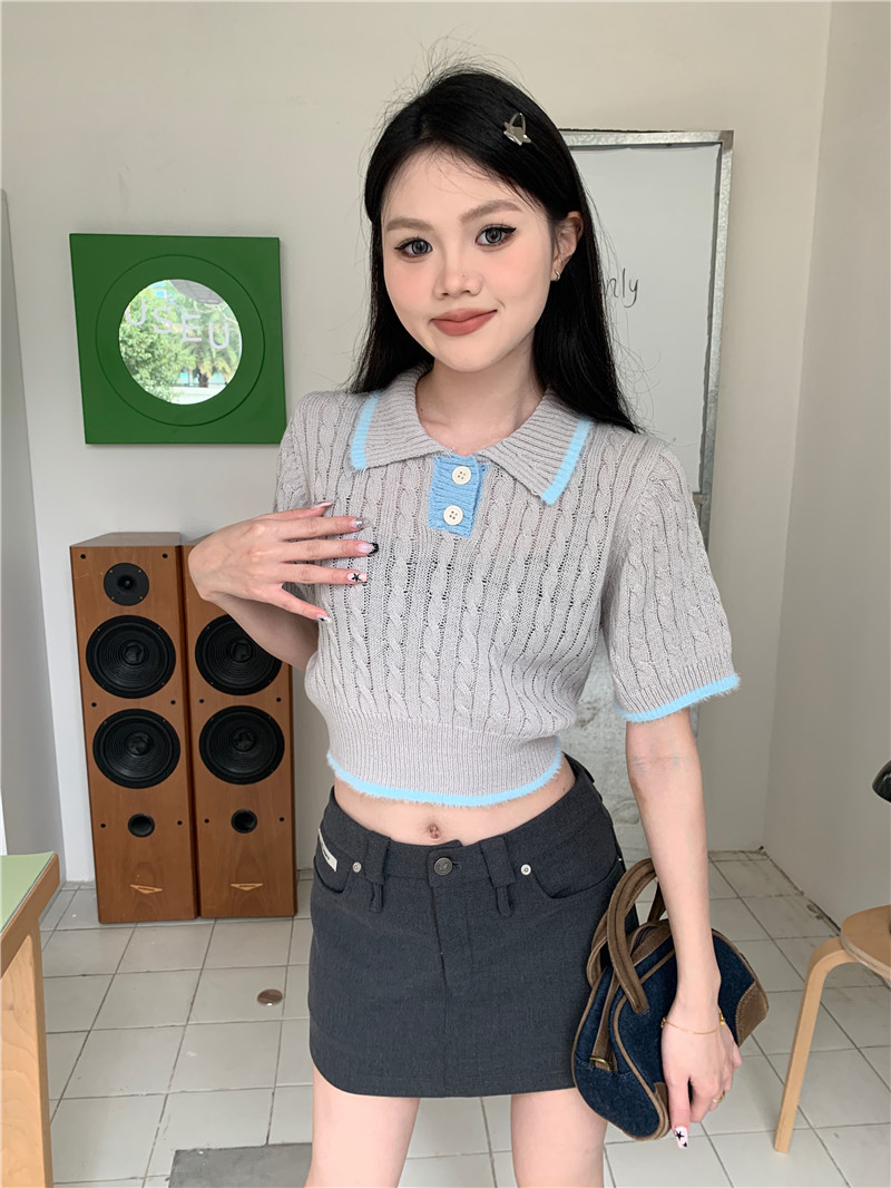 實拍 新款韓版氣質撞色Polo翻領麻花針織毛絨邊