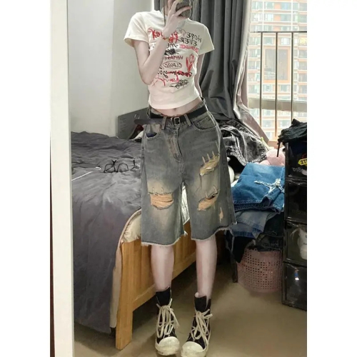 American retro five-quarter pants for women high street vibe style hiphop loose straight pants beggar personalized ripped shorts