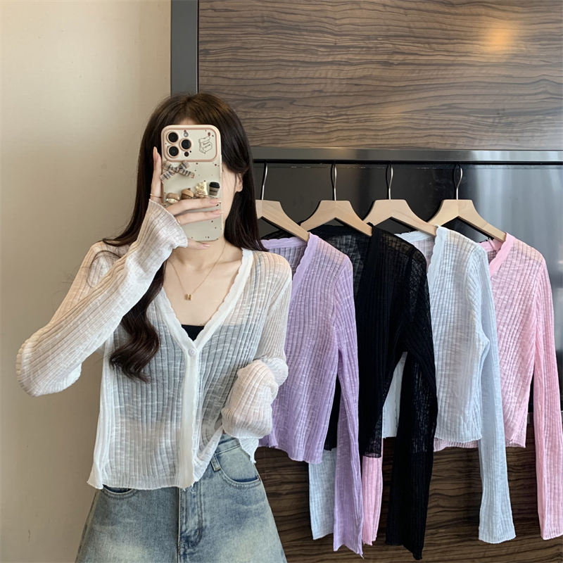 Actual shot of summer thin long shirt, versatile and discreet, V-neck sun protection shirt, jacket for women➕Solid color suspender base