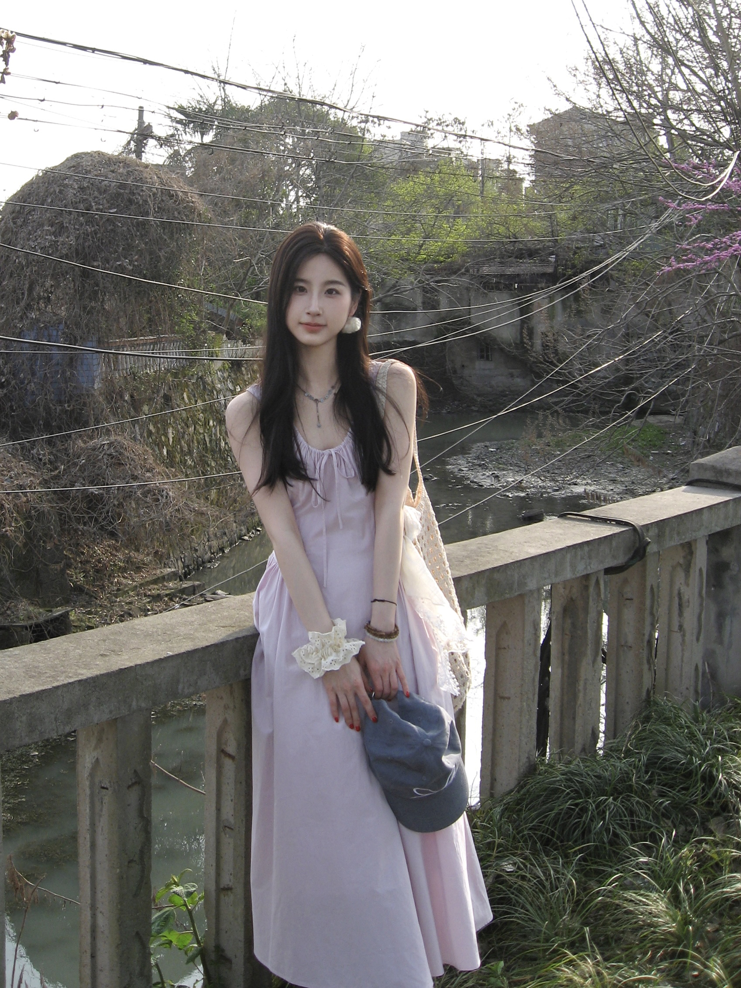Actual shot ~ summer gentle style solid color sleeveless suspender skirt puff sleeves umbrella hem purple dress long skirt