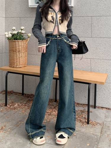 大码女装美式复古毛边牛仔裤女梨型设计感高腰直筒阔腿长裤