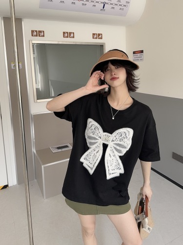 Printed bow short-sleeved T-shirt for women summer 2024 new high-end niche design loose half-sleeved top trendy