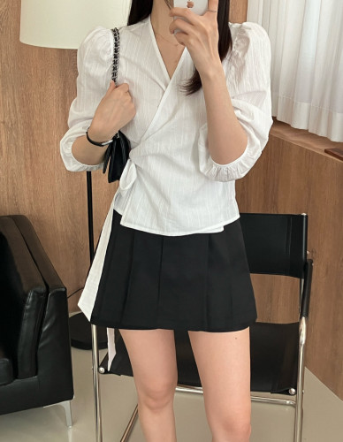 韩国ins 春日 肌理感 棉提花 裹身绑带衬衫