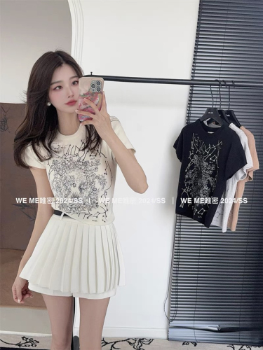 Weme Korean retro embroidery design short-sleeved T-shirt women's summer new round neck small slim fit short top