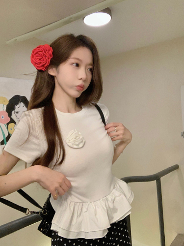 Actual shot of spring and summer new design ruffled niche T-shirt three-dimensional flower round neck short-sleeved top