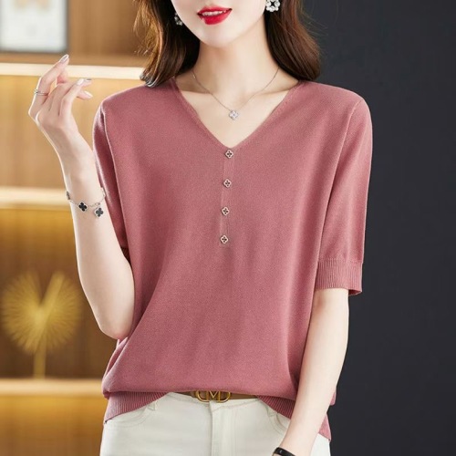 Middle-aged mother summer ice silk short-sleeved T-shirt loose and stylish V-neck top women's mulberry silk T-shirt plus size