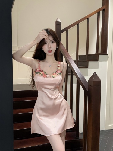 Real shot ~ Mesh Little Red Book 3D Flower Suspender Slim Pink Resort Style Small Sexy Pure Desire Dress for Women