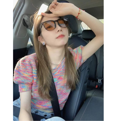 High-end design niche rainbow knitted short-sleeved T-shirt women's unique and chic short top summer new style