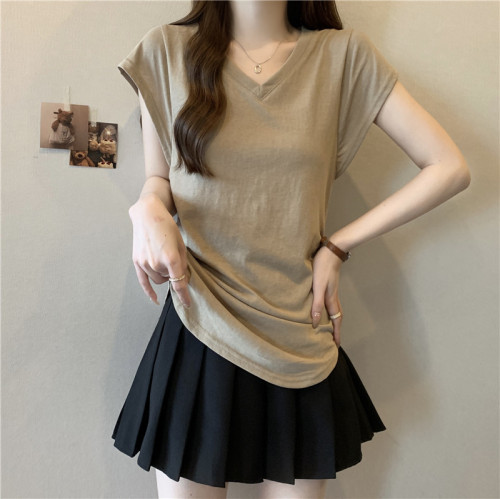 Real shot of side pleated waist design T-shirt for women summer flying sleeves v-neck loose casual curved hem top