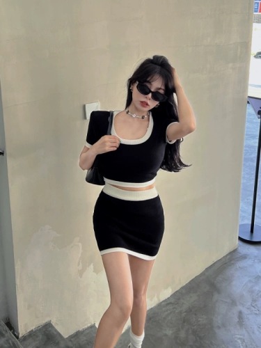 ALA韩版夏季圆领撞色边修身针织衫高腰显瘦包臀半身短裙两件套装