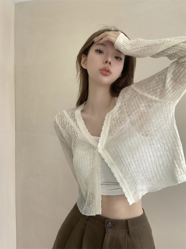Real shot of new summer V-neck long-sleeved knitted cardigan thin sun protection top