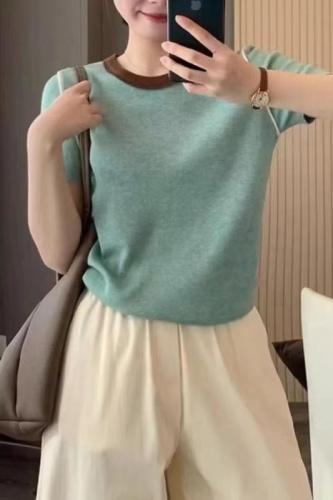 Seoulcp Korean blog recommended!  Wool color block short sleeve sweater loose breathable contrast color bottoming shirt for women