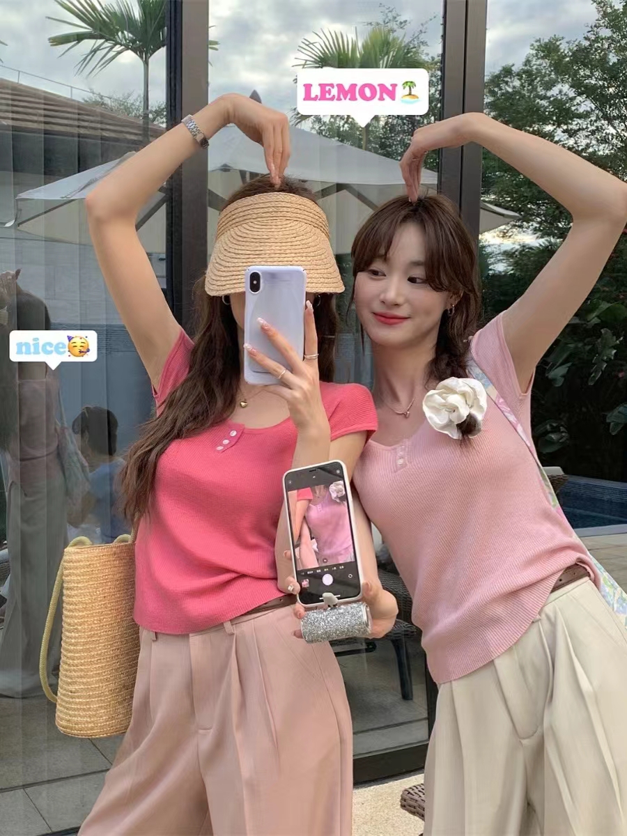 Lemon green tea Korean basic high elastic short-sleeved sweater for women spring and summer round neck T-shirt top