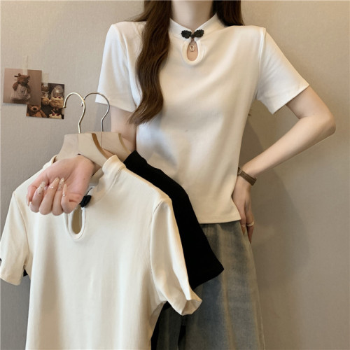 Real shot of right shoulder short-sleeved T-shirt for women in summer new style new Chinese style button-down top for small people with niche design