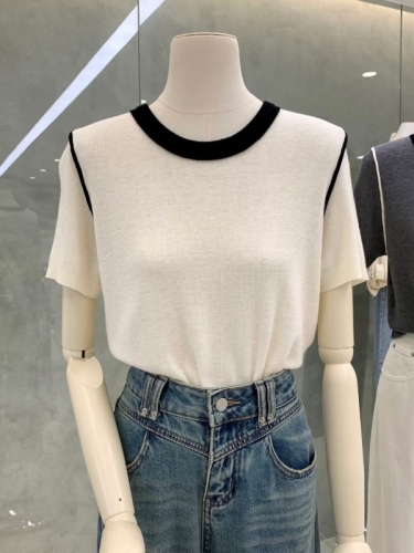 Seoulcp Korean blog recommended!  Wool color block short sleeve sweater loose breathable contrast color bottoming shirt for women