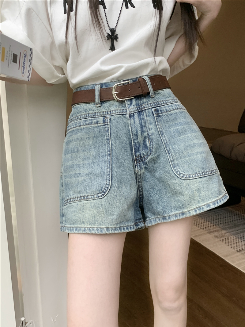 Actual shot~New high-waisted Hong Kong style retro washed large pocket A-line denim wide-leg shorts for women