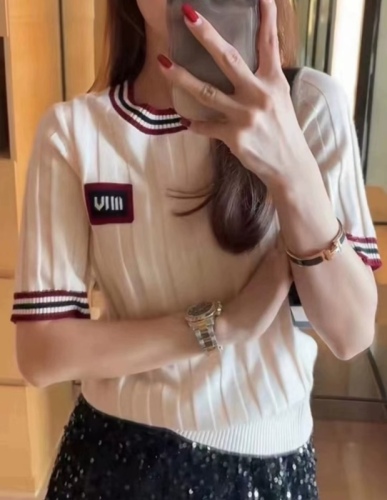 POLO collar pit striped wool short-sleeved sweater for women early spring and summer 2024 new lapel tight T-shirt for women half-sleeved