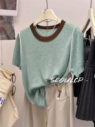 Seoulcp Korean blog recommended!  Wool color block short sleeve sweater loose breathable contrast color bottoming shirt for women