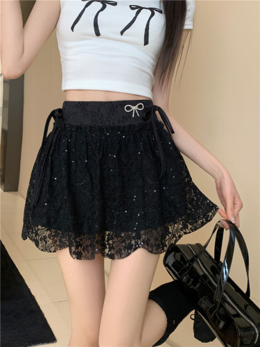 Actual shot of 2024 spring and summer ballet style bow strap lace A-line skirt high waist slimming short culottes