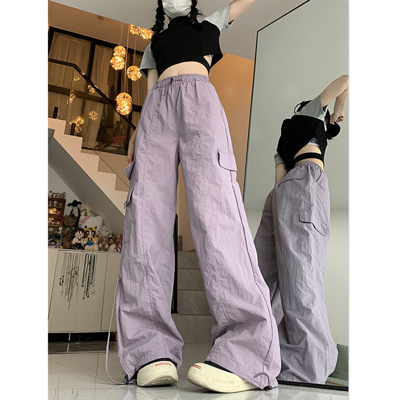 Photographed #American Workwear Pants for Girls 2024 Summer New Hong Kong Style Trendy Drawstring Loose Wide Leg Tied Ankle Casual Pants