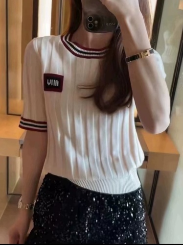 POLO collar pit striped wool short-sleeved sweater for women early spring and summer 2024 new lapel tight T-shirt for women half-sleeved