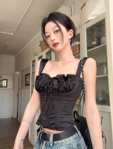 Real shot of new summer style European and American pure royal hotties sexy imitation silk fishbone corset back zipper camisole