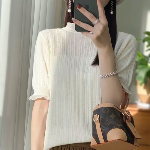 Hollow sweater women's short-sleeved summer new style mesh splicing design niche slim fit top women's trend