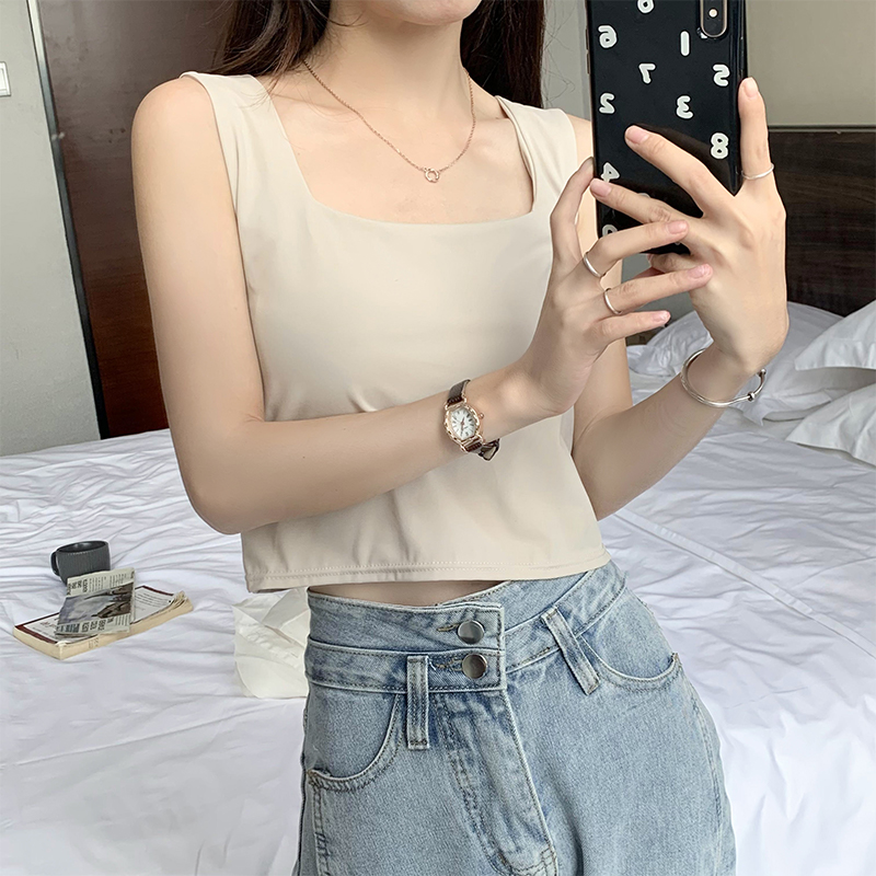 實拍~冰絲背心方領修身百搭外穿短款無袖上衣女