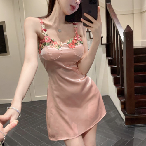 Real shot ~ Mesh Little Red Book 3D Flower Suspender Slim Pink Resort Style Small Sexy Pure Desire Dress for Women