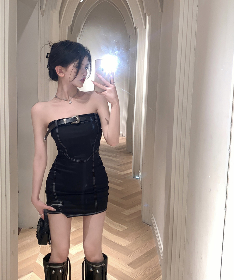 實拍 純欲辣妹性感抹胸短款一字肩顯瘦包臀連衣裙子女