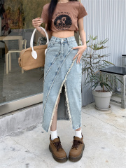 Real-shot Retro Frayed-Edge Denim Skirt for Women, 2024 Spring Collection: New High-Waisted A-Line Design, Body-Hugging Mid-Length Style