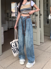 實拍淺色牛仔褲女2024新款春秋季高腰寬鬆顯瘦小個子窄版闊腿褲子