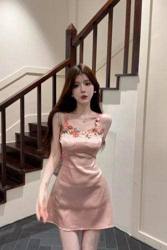 Real shot ~ Mesh Little Red Book 3D Flower Suspender Slim Pink Resort Style Small Sexy Pure Desire Dress for Women