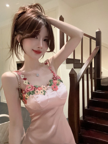 Real shot ~ Mesh Little Red Book 3D Flower Suspender Slim Pink Resort Style Small Sexy Pure Desire Dress for Women